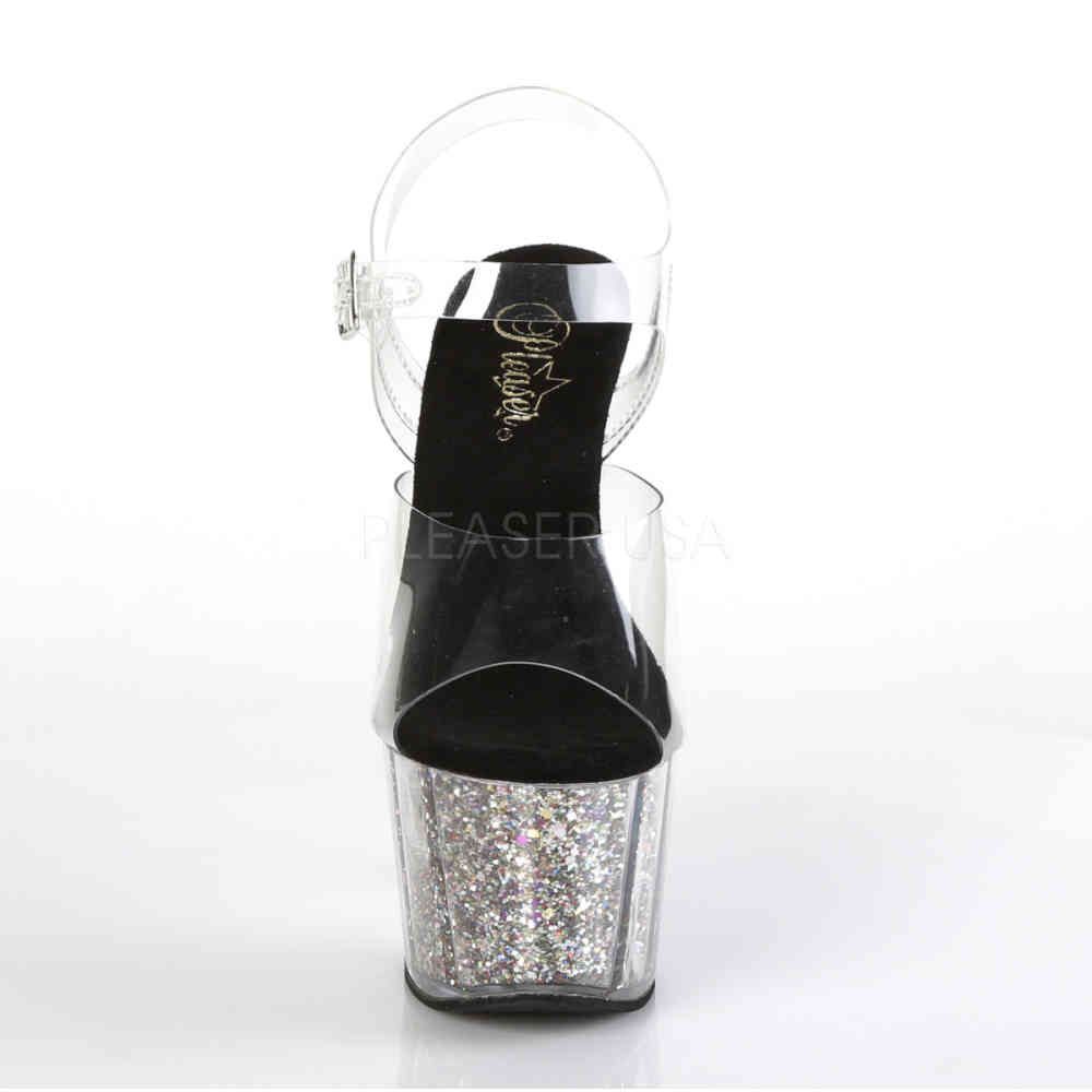 Pleaser - ADORE708CG KnöchelriemenSandale, Poledance Schuhe - Pole dance schuhe - Schwarz/Silberfarben